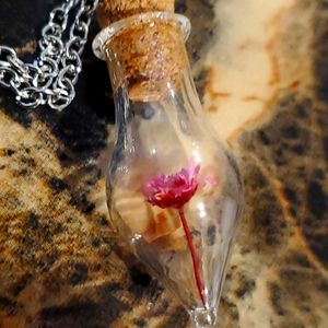 Pink Flower Tear Drop Wish Bottle Spiritual Nature Gaia Necklace With 22" Chain